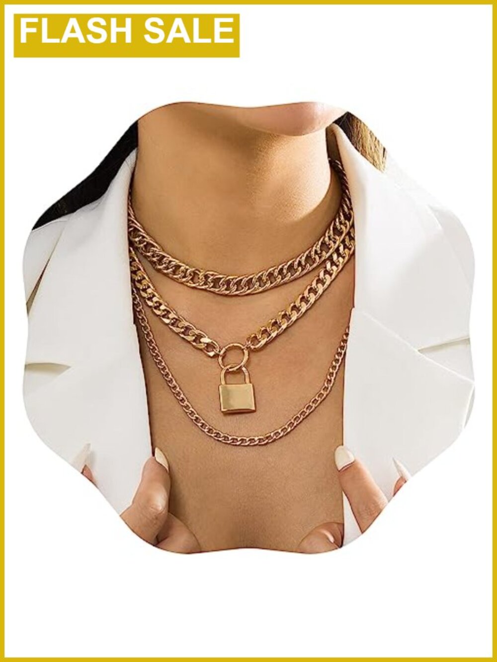 Chunky Chain Necklace Punk Layered Choker Cuban Link Lock Pendant Statement